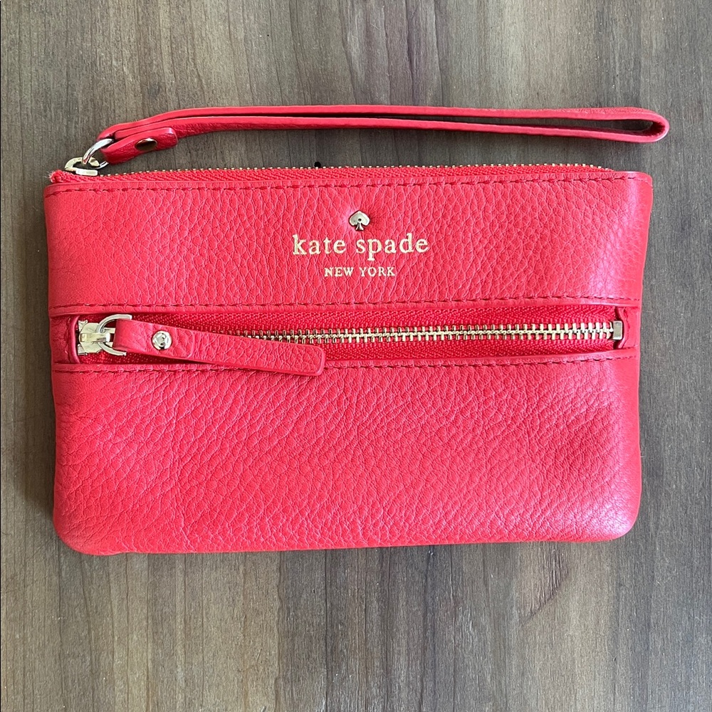 Kate Spade cherry red pebble leather wristlet wallet